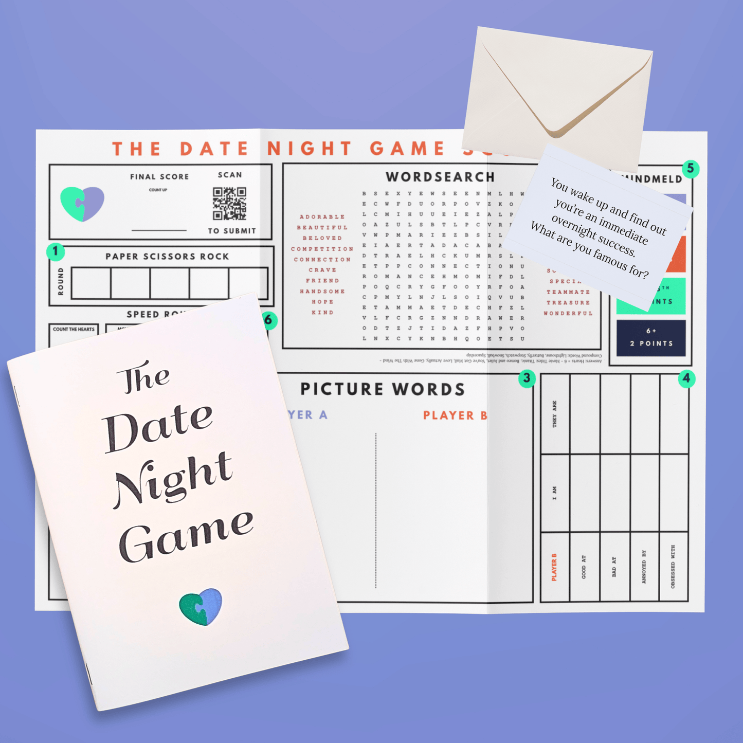 Image of date night game booklet, scoresheet, and conversation cards for play at home date night game