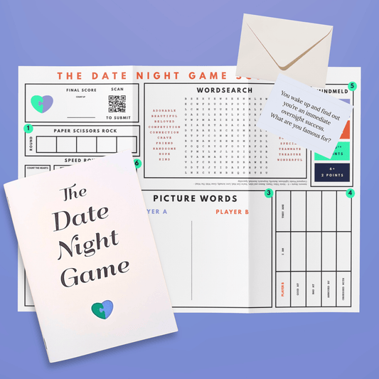Image of date night game booklet, scoresheet, and conversation cards for play at home date night game